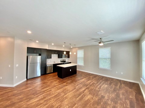Open concept living room and kitchen for Newberry, FL apartment near Northwest Gainesville